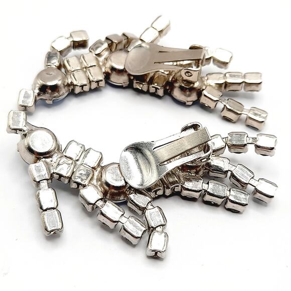 Vintage Blue Rhinestone Ear Climber Earrings Clip On Silver Tone Mid Century - Picture 5 of 7